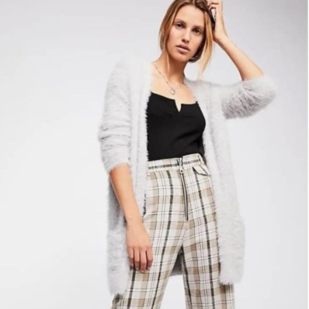 Free People Gray Faux Fur Open Front Cardigan Sweater Size Large